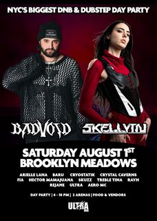 flyer for NYC'S BIGGEST DRUM AND BASS & DUBSTEP DAY PARTY! BAD VOID X SKELLYTN