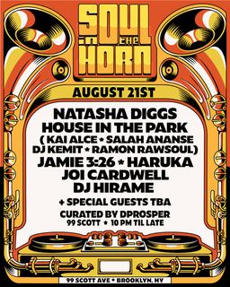 flyer for Soul in the Horn FT Natasha Diggs & Friends - August 21