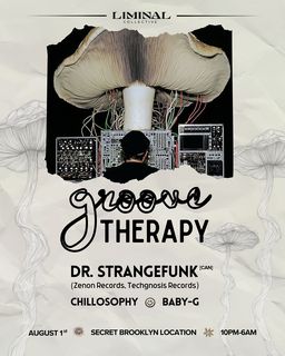 flyer for Liminal Collective: Groove Therapy with Dr. Strangefunk, Chillosophy and baby-g