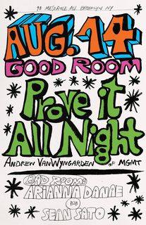 flyer for Prove It All Night (Andrew VanWyngarden of MGMT), Arianna Danae b2b Sean Sato