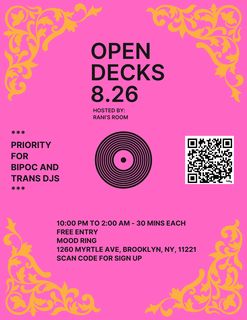 flyer for Rani's Room presents Open Decks