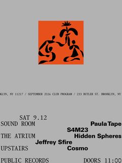 flyer for Paula Tape, S4M23 / Hidden Spheres, Jeffrey Sfire / Cosmo