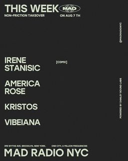 flyer for NON-FRICTION TAKEOVER: Irena Stanisic / AMERICA ROSE / KRISTOS / Vibeiana