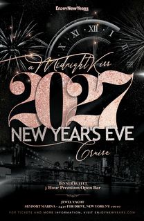 flyer for A Midnight Kiss New Year's Eve Fireworks 2027 Countdown Cruise
