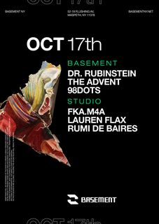 flyer for Dr. Rubinstein / The Advent / 98dots / Jay Jackson (fka.m4a) / Lauren Flax / Rumi de Baires