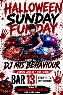 flyer for Halloween Weekend Sunday Funday Dance Party