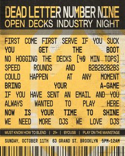 flyer for Open Decks + Industry Night - Dead Letter No.9