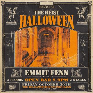 flyer for The Heist - Old Savings Bank Halloween feat. Emmit Fenn