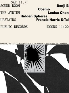 flyer for Benji B, Cosmo / Louise Chen, Hidden Spheres / Francis Harris & Tal