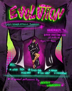 flyer for Evolution: Saga's Gender Affirming Fundraiser