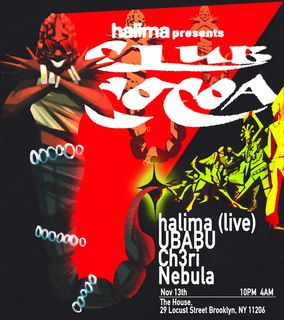 flyer for Club Cocoa feat. Halima (live), UBABU, CH3RI, Nebula