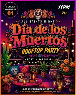 flyer for Dia de los Muertos Rooftop Party