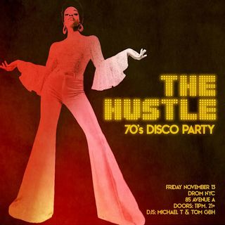 flyer for THE HUSTLE (70s DISCO PARTY)